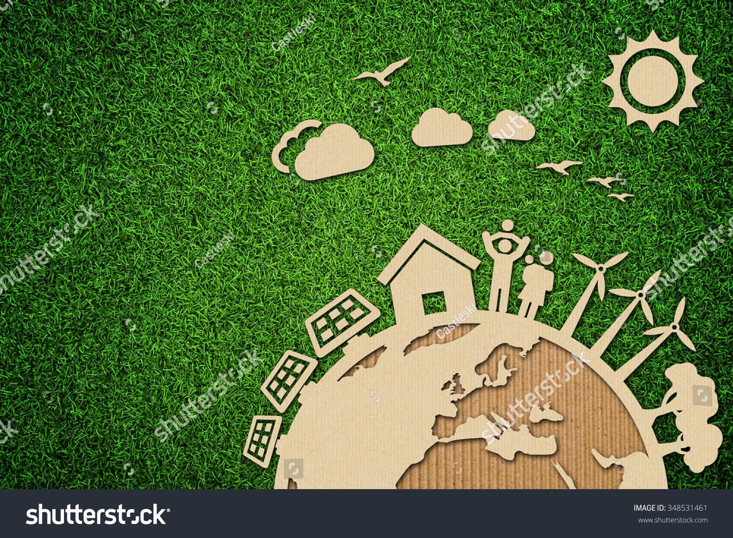 Environmental green energy concept illustration with cardboard cut out on grass. #348531461