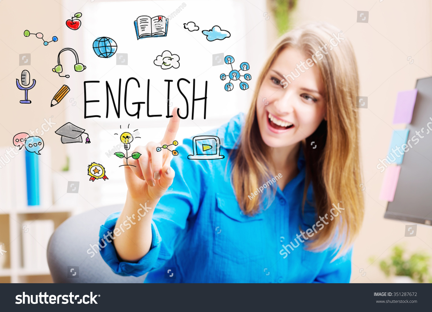 English concept with young woman in her home office #351287672
