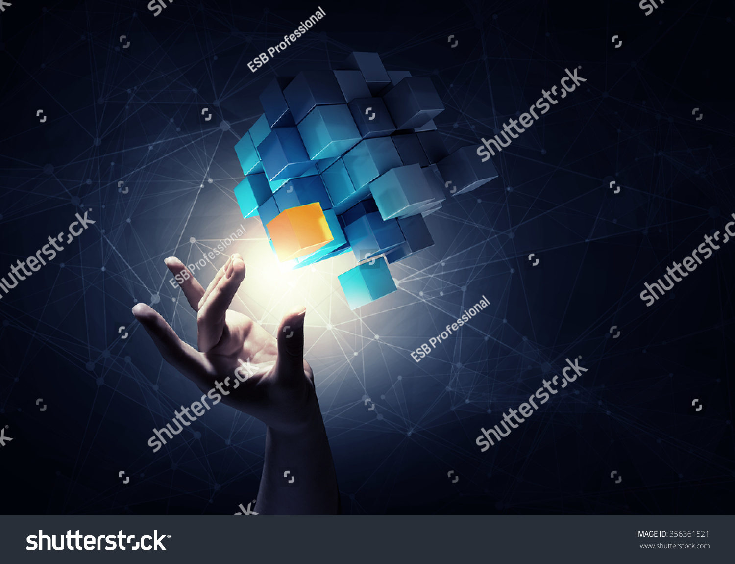 Businesswoman hand touch cube as symbol of problem solving  #356361521