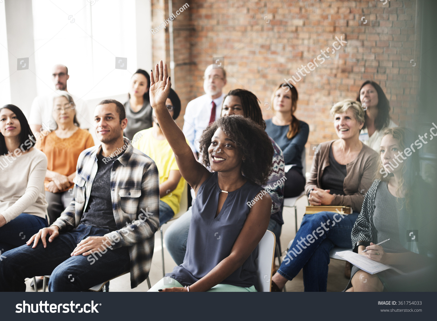 Audience Meeting Seminar Arms Raised Asking Concept #361754033