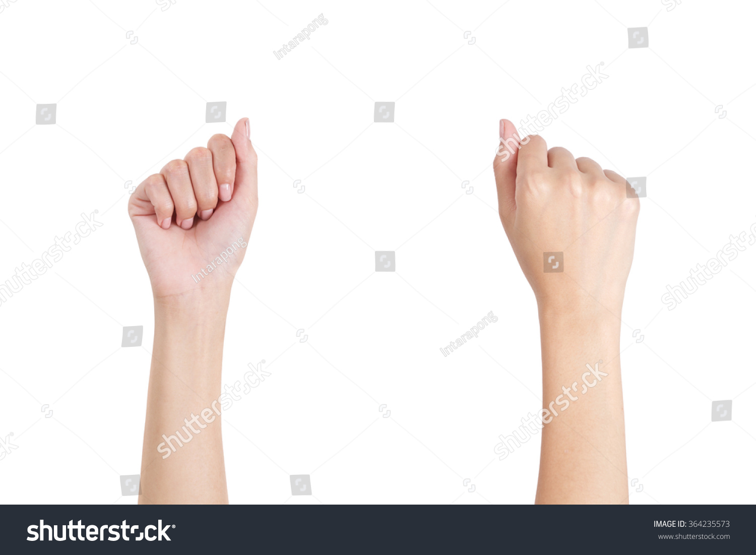 Woman's hands with fist gesture front and back side, Isolated on white background. #364235573