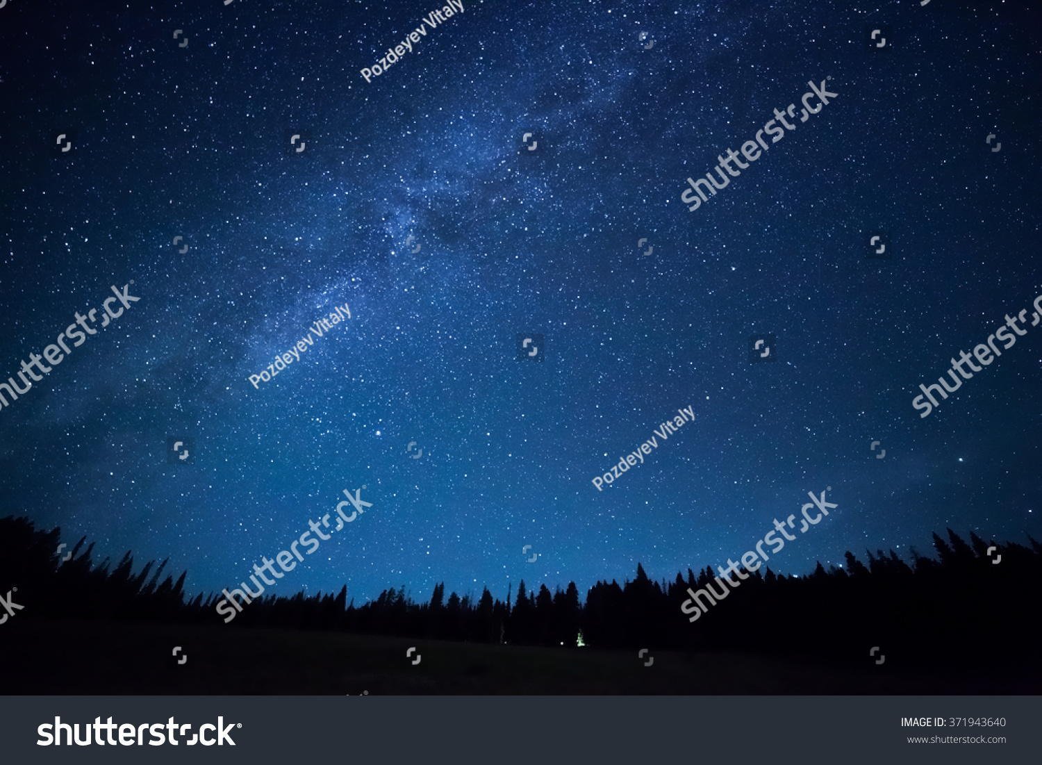 Blue dark night sky with many stars above field of trees. Yellowstone park. Milkyway cosmos background #371943640