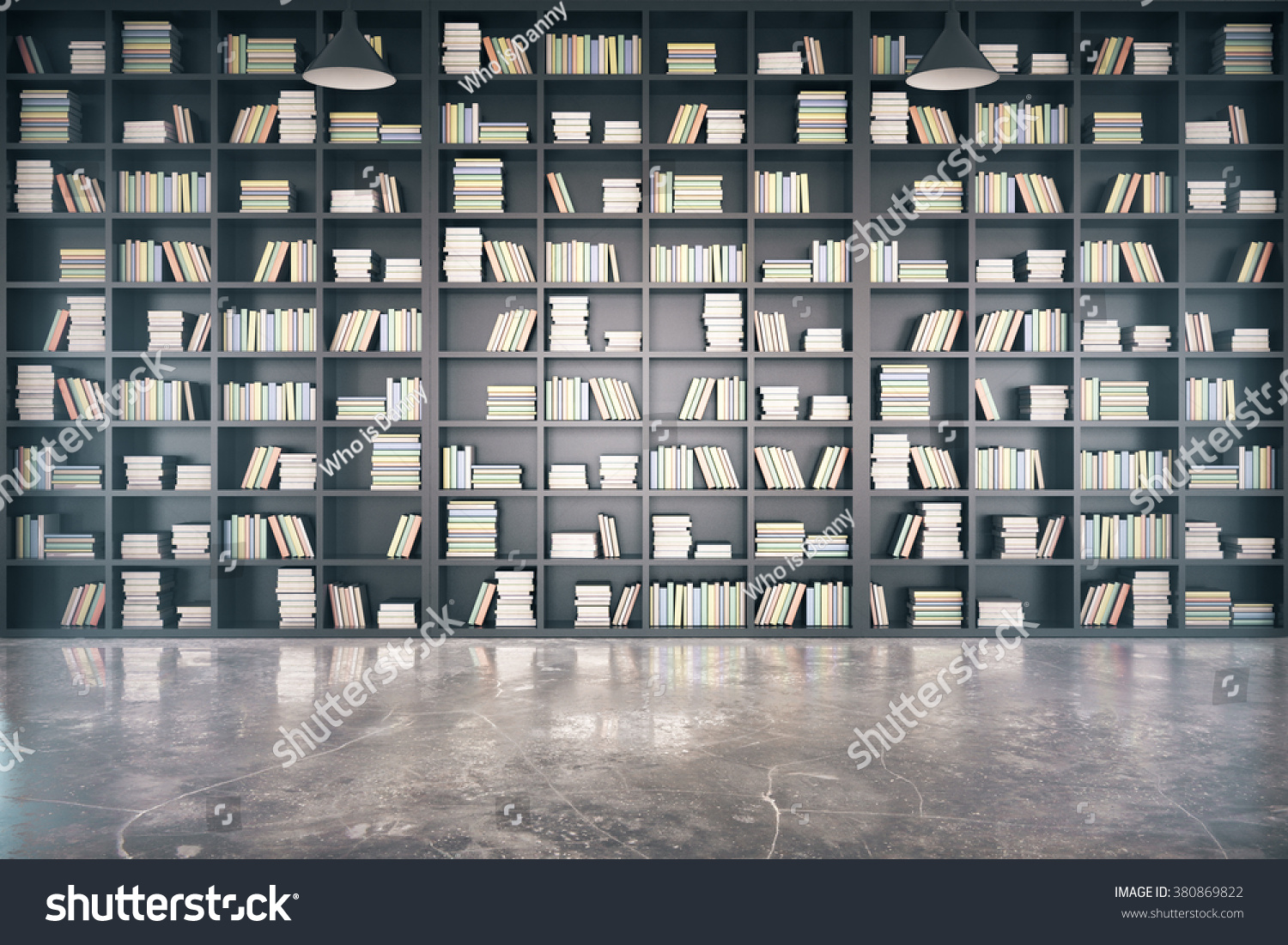 Personal library with big bookcase and concrete floor 3D Render #380869822