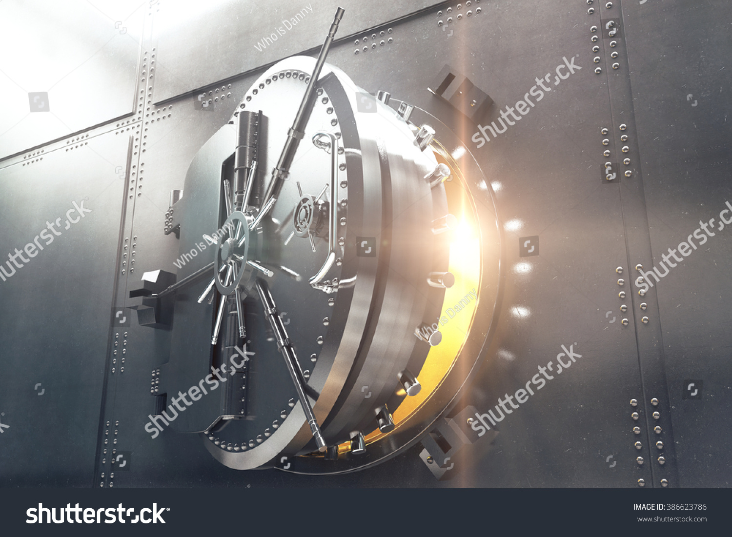 Closeup of an open bank vault door with golden light peeking from inside. 3D Render #386623786