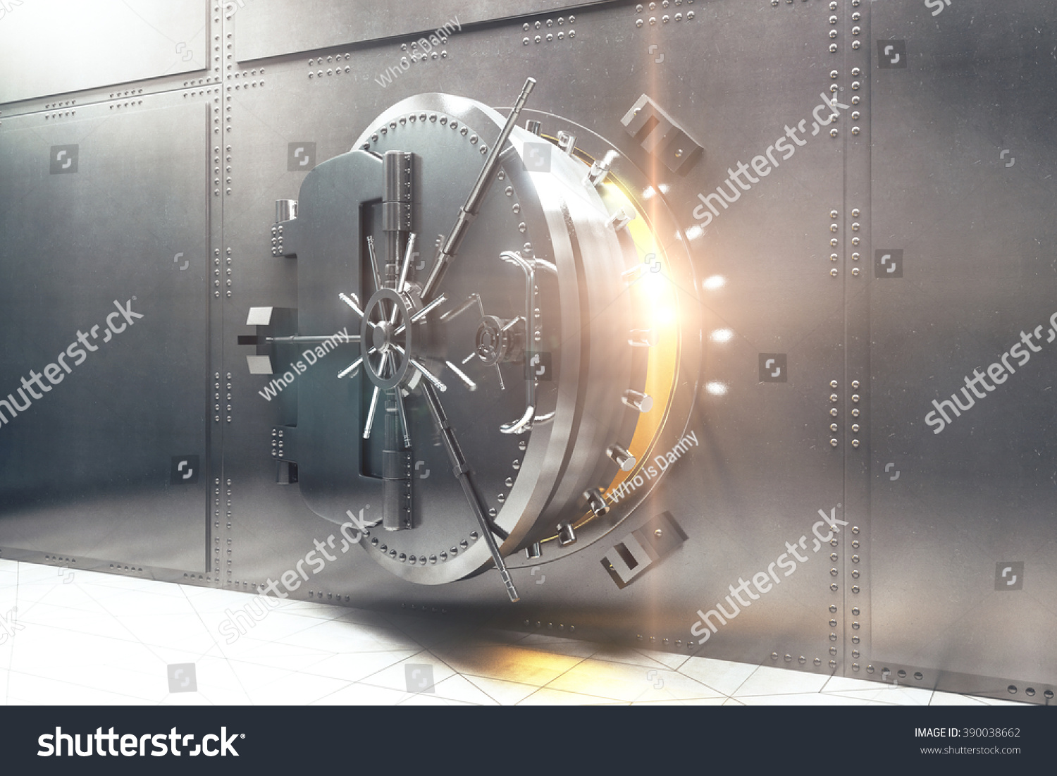 Open silver bank vault with golden light peeking from inside, 3D Render #390038662