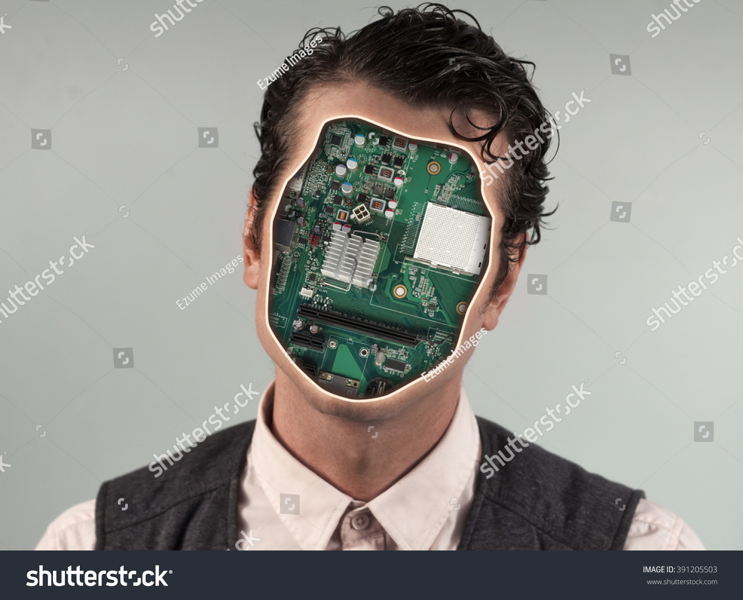 Human cyborg robot with anonymous circuit board face #391205503