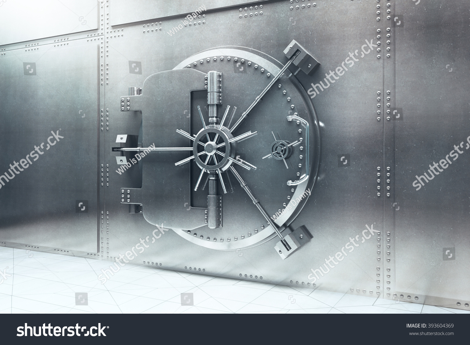 Closed steel bank vault door. 3D Render #393604369