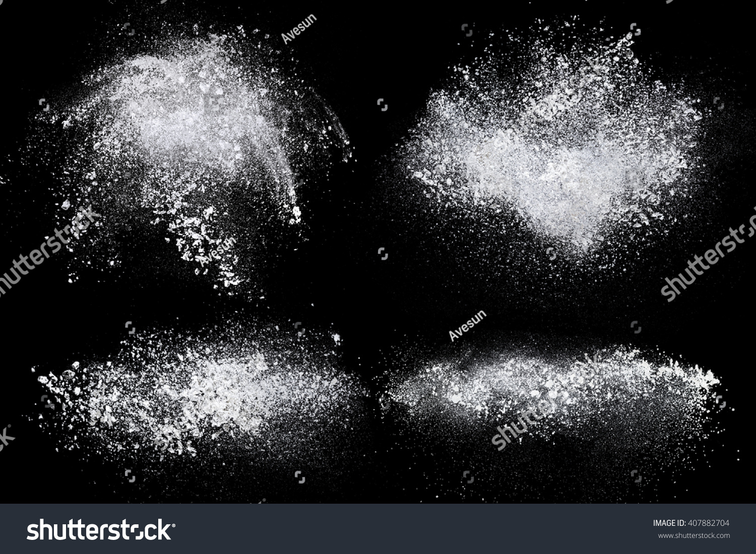 Set of dust powder splash clouds isolated on black background #407882704