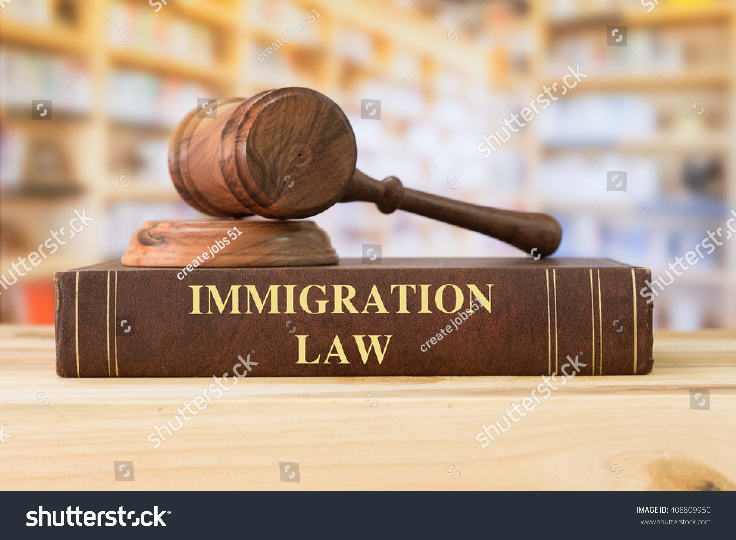 Immigration Law books with a judges gavel on desk in the library. Legal education concept.  #408809950