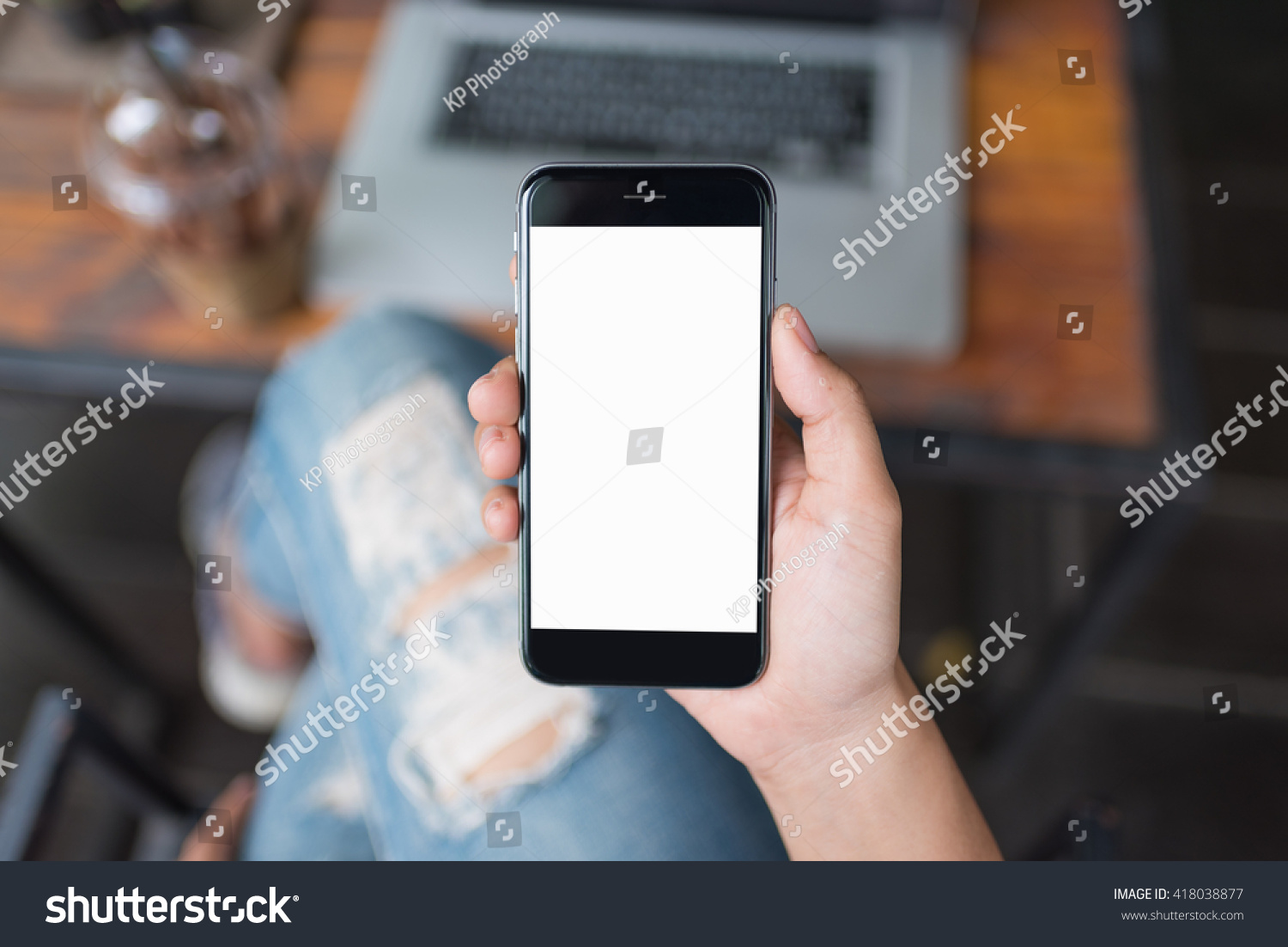 girl using smartphone in cafe. white screen.  #418038877