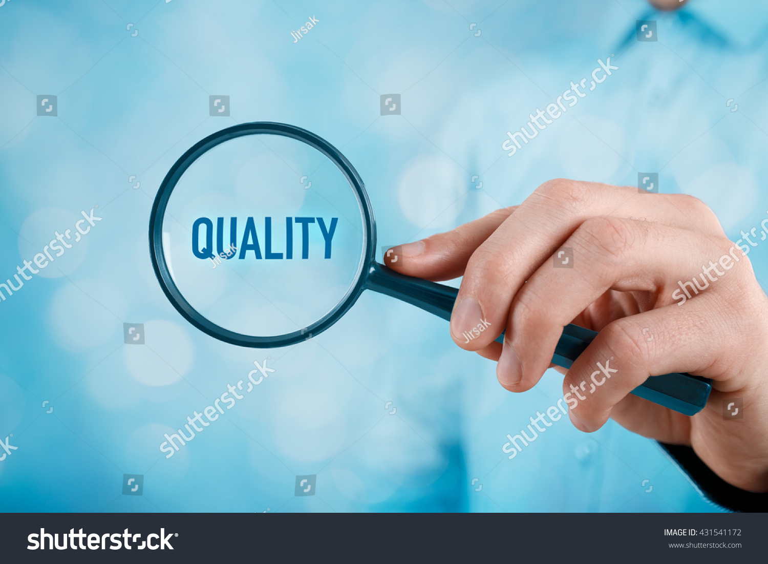 Focused on quality concept. Quality manager (businessman, coach, leadership) is focused on quality in business (total quality management concept). #431541172