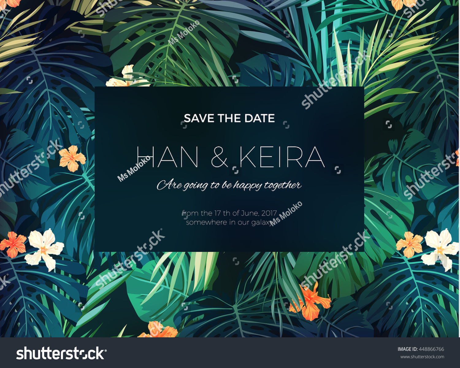 Wedding invitation or card design with exotic tropical flowers and leaves #448866766