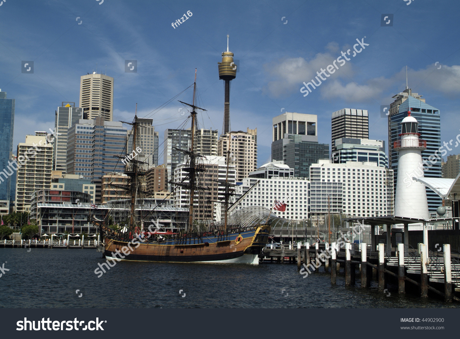 HMB Endeavour in Darling Harbour and skyline from Sydney #44902900