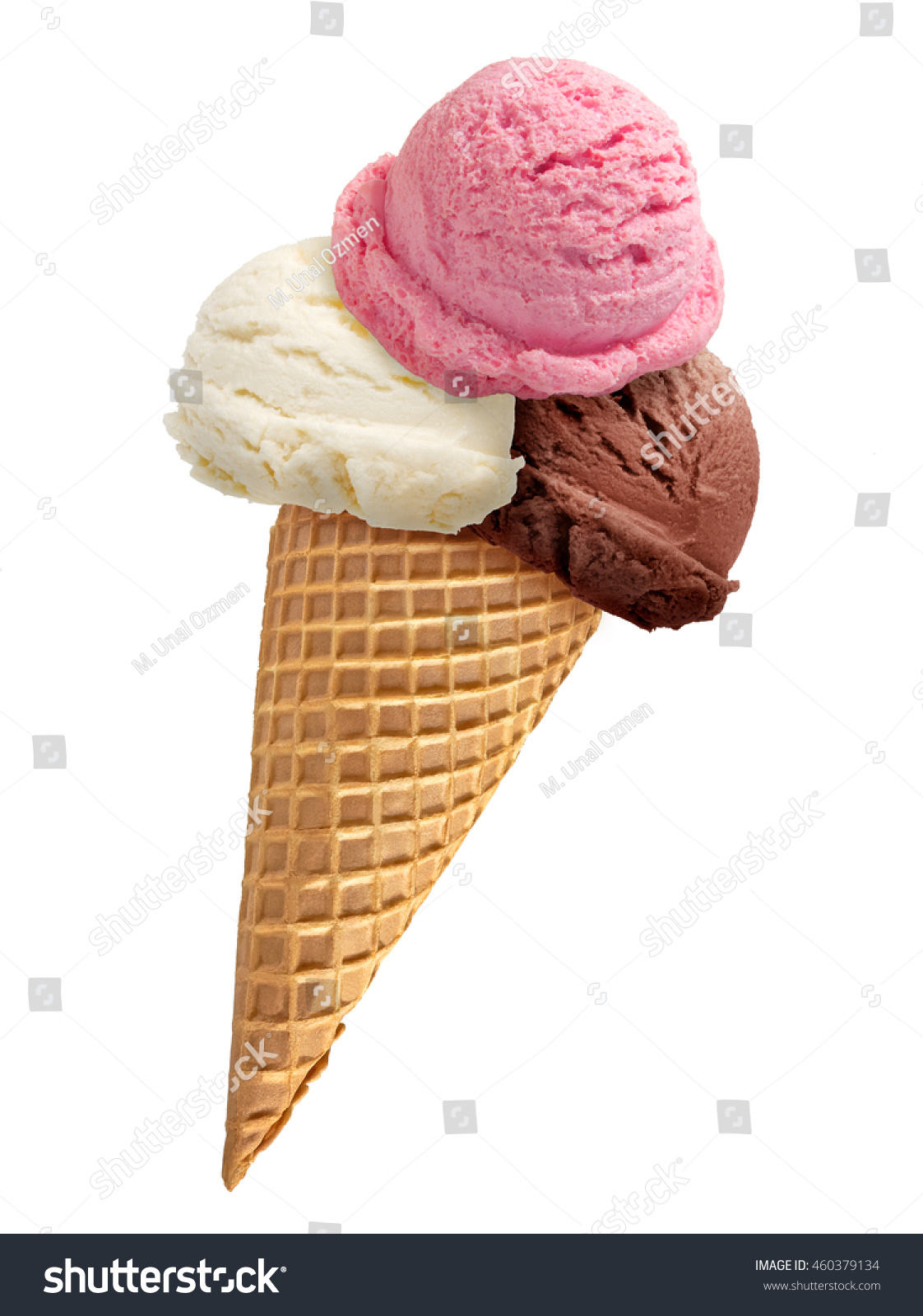 Chocolate ice cream / strawberry ice cream / vanilla ice cream scoop with cone isolated on white background. #460379134
