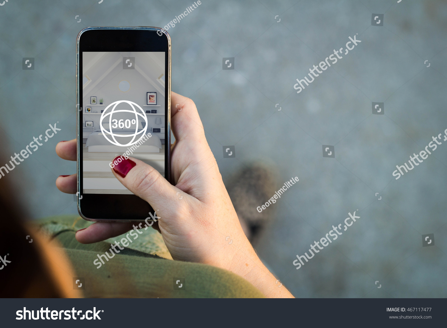 Top view of woman walking in the street surfing 360 degree view in her mobile. All screen graphics are made up. #467117477