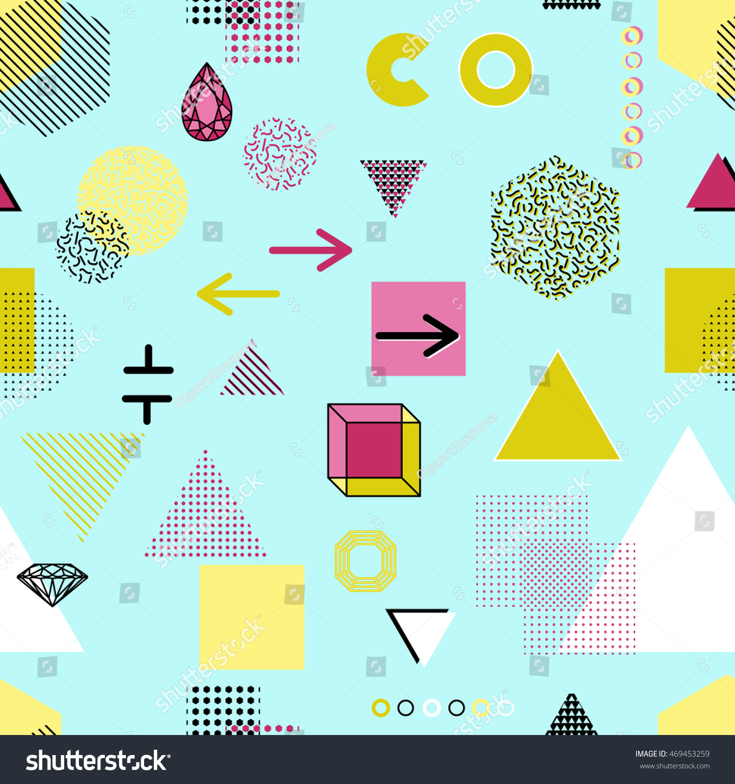 Trendy geometric elements memphis cards, seamless pattern. Retro style texture. Modern abstract design poster, cover, card design. #469453259