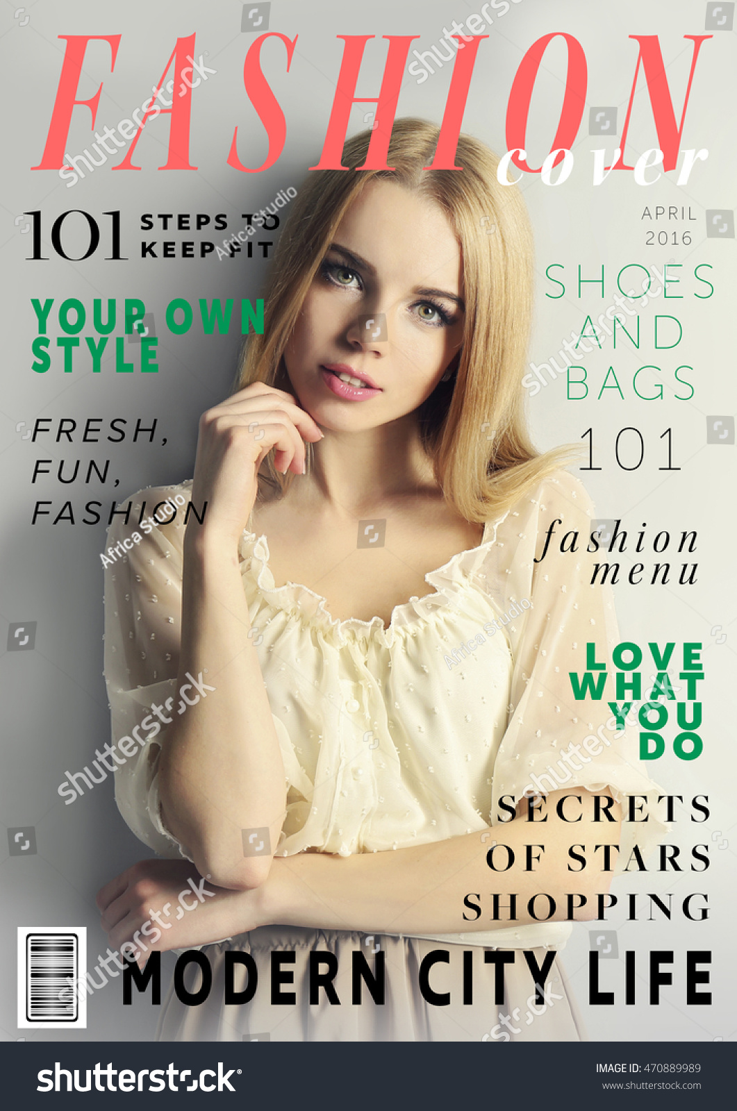 Attractive young woman on fashion magazine cover. Fashionable lifestyle concept. #470889989
