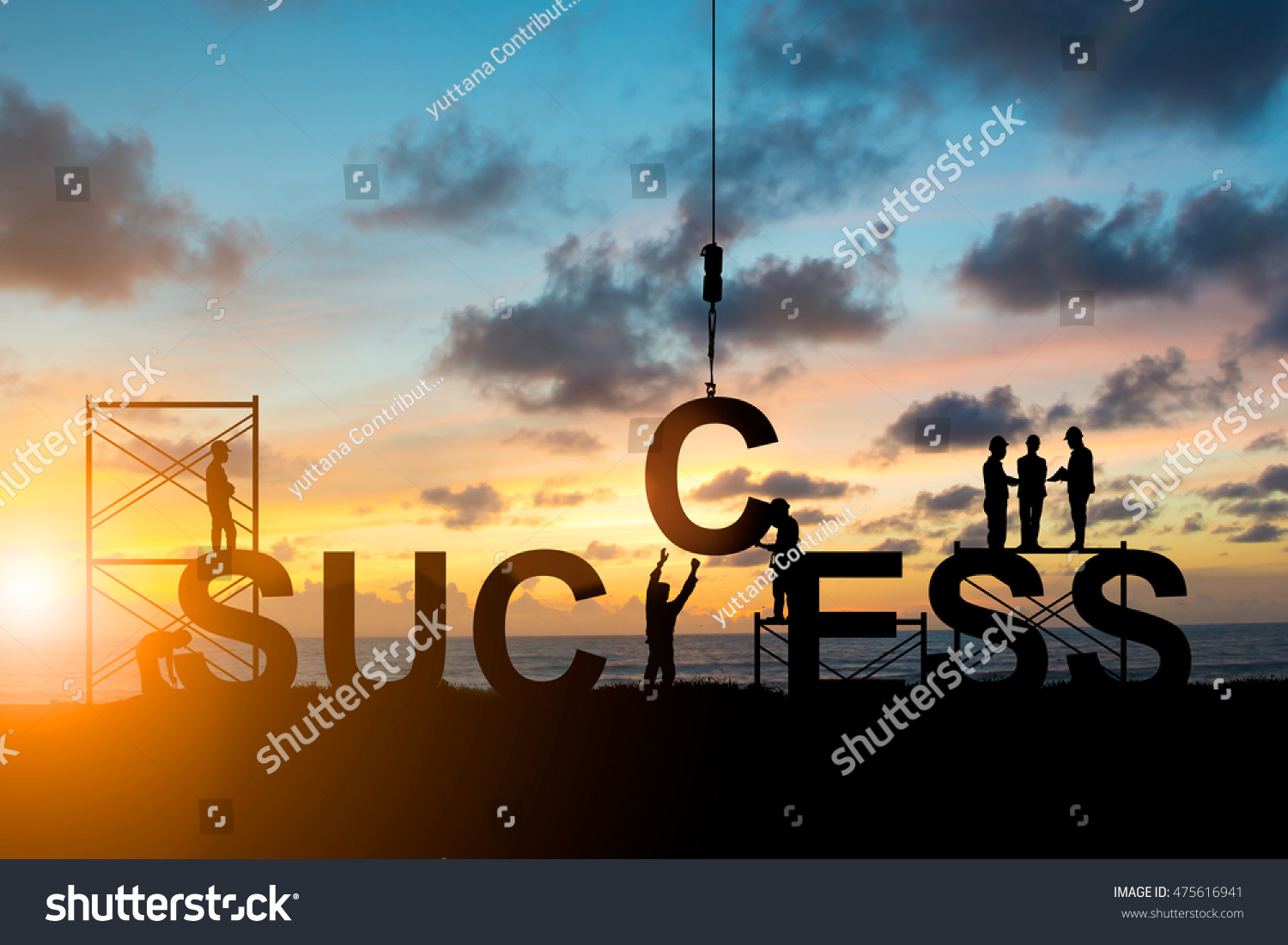 Silhouette employees work as a team to work out successfully over blurred sky at sunset #475616941