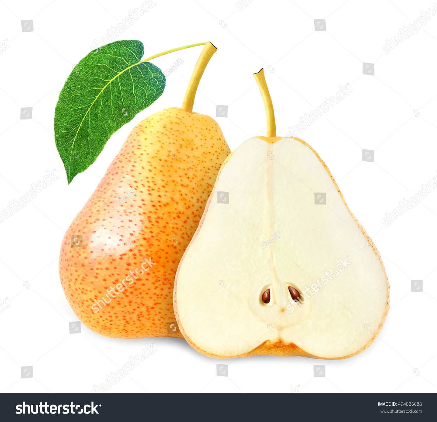 whole and cut yellow pear with leaf isolated on white background with clipping path #494826688