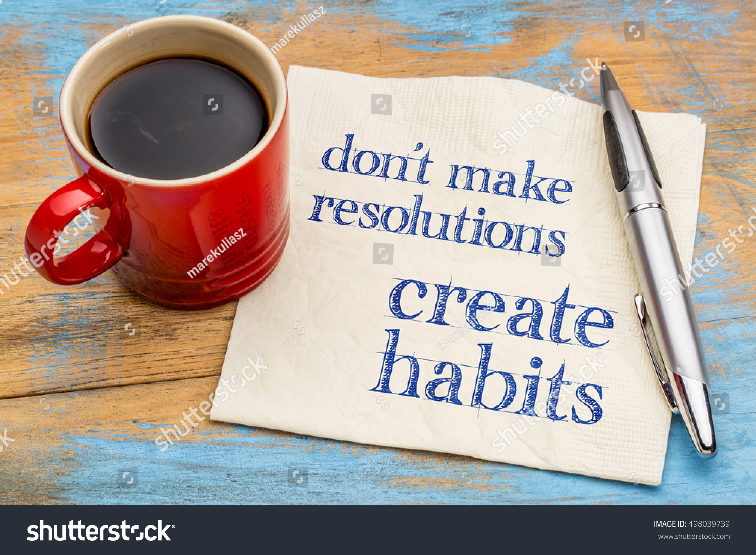 Do not make resolutions, create habits  - motivational advice or reminder on a napkin with a cup of coffee #498039739