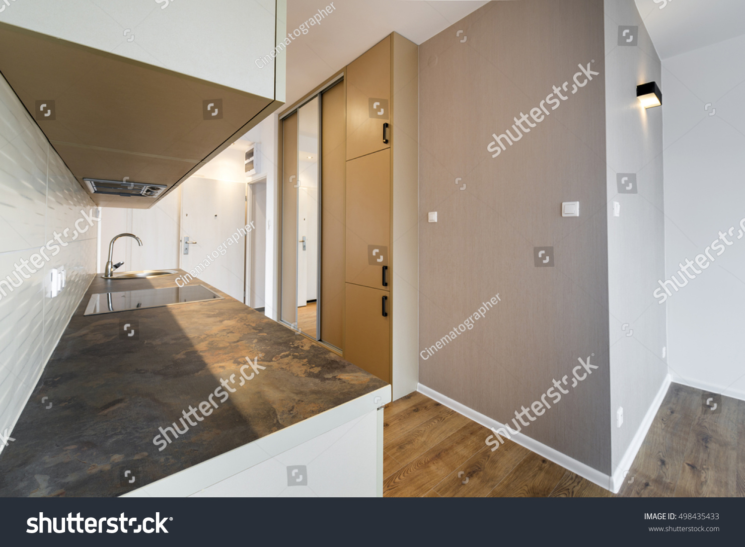 New apartment, empty with domestic kitchen interior design #498435433