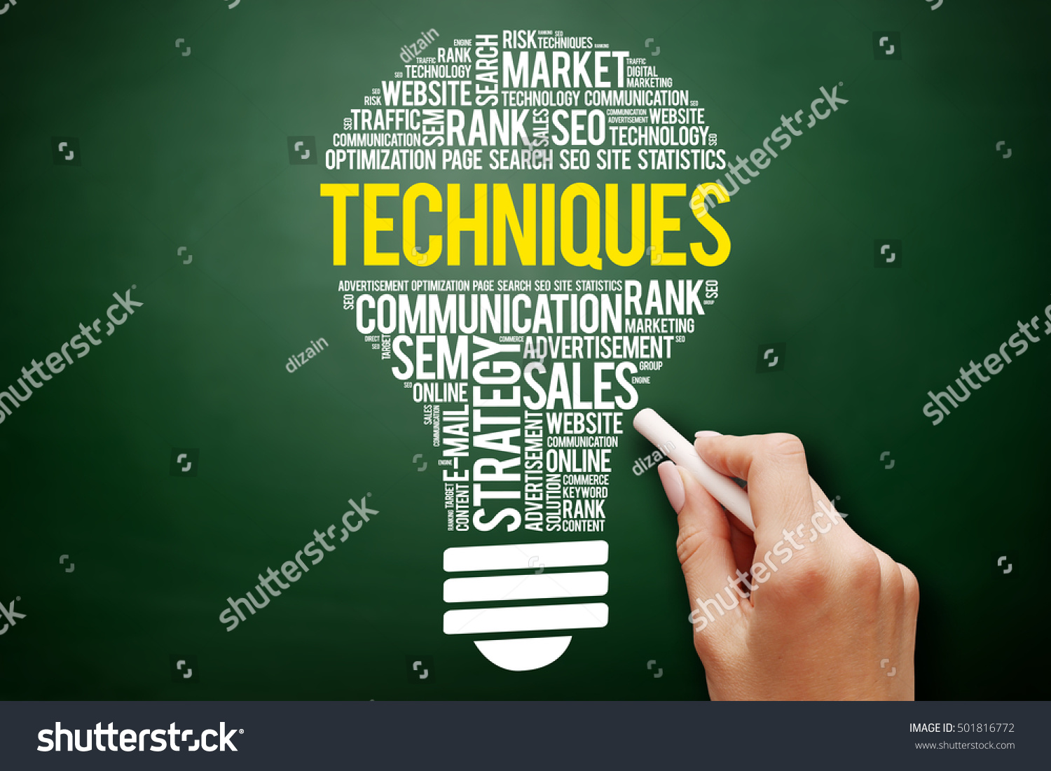Techniques bulb word cloud collage, business concept on blackboard #501816772