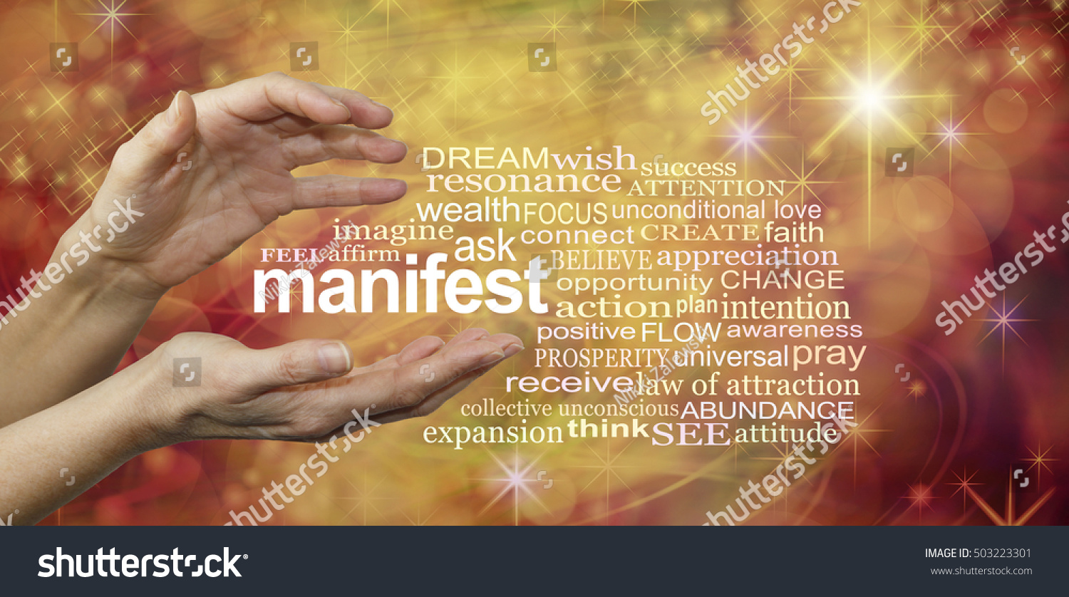 Manifest your Dreams Word Cloud - female hands with the word MANIFEST floating between surrounded by a relevant word cloud on a warm golden swirling sparkling energy formation background #503223301