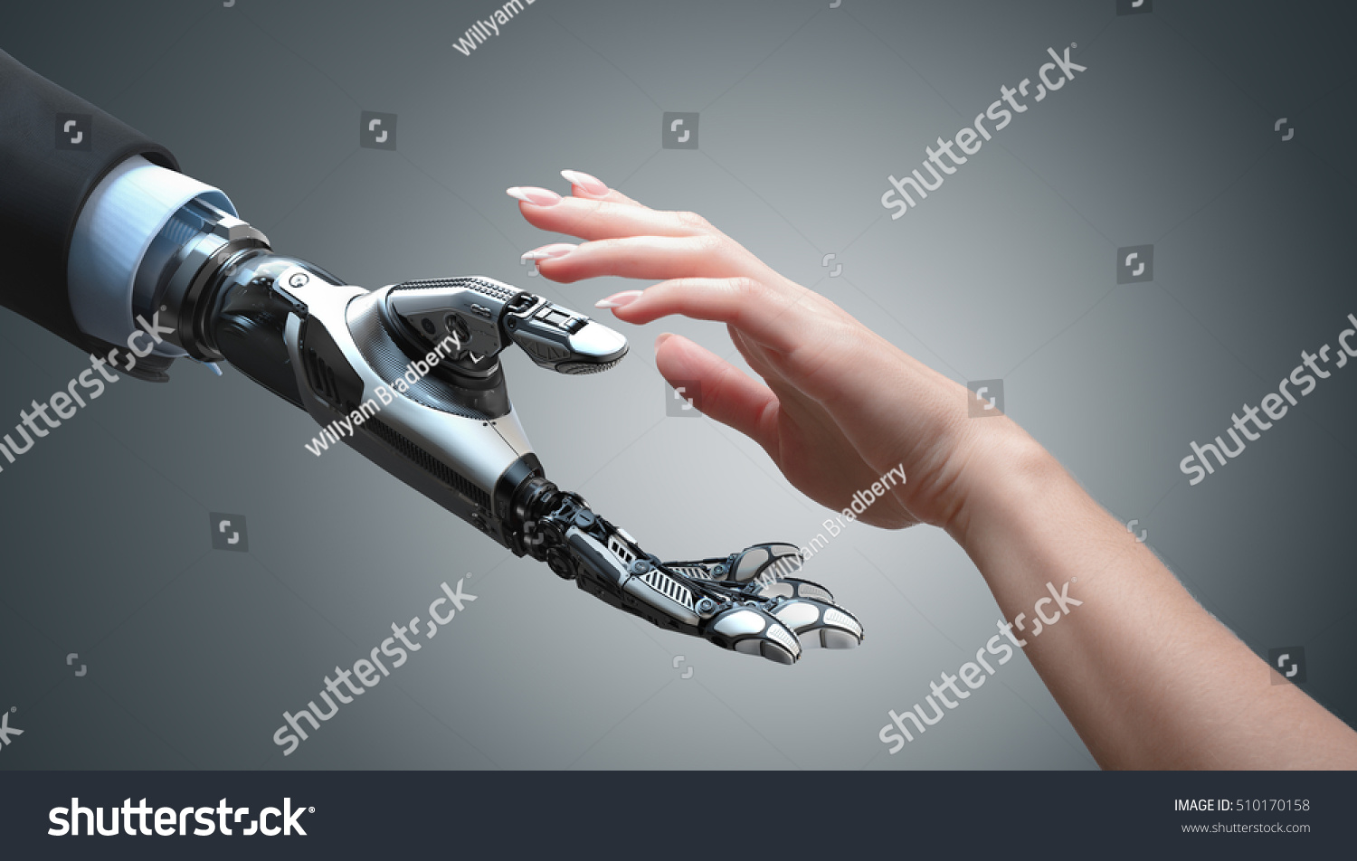 Robot gives a hand to a woman. Two hands in offer position. Artificial intelligence conceptual business design #510170158