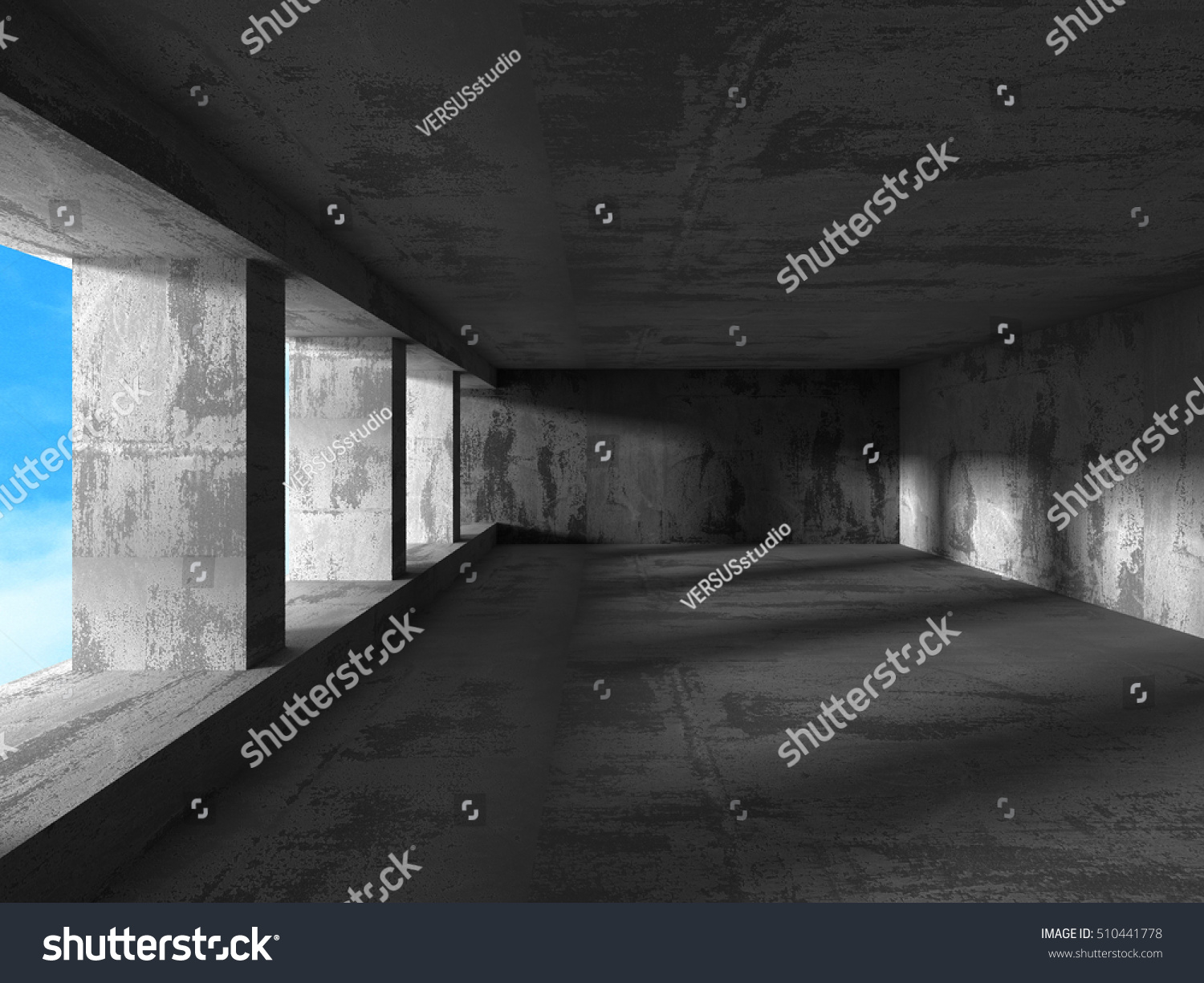 Geometric architecture background. Concrete walls room with cloudy sky. 3d render illustration #510441778