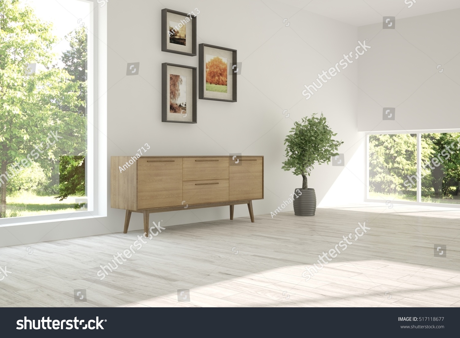 White room with shelf and green landscape in window. Scandinavian interior design. 3D illustration #517118677