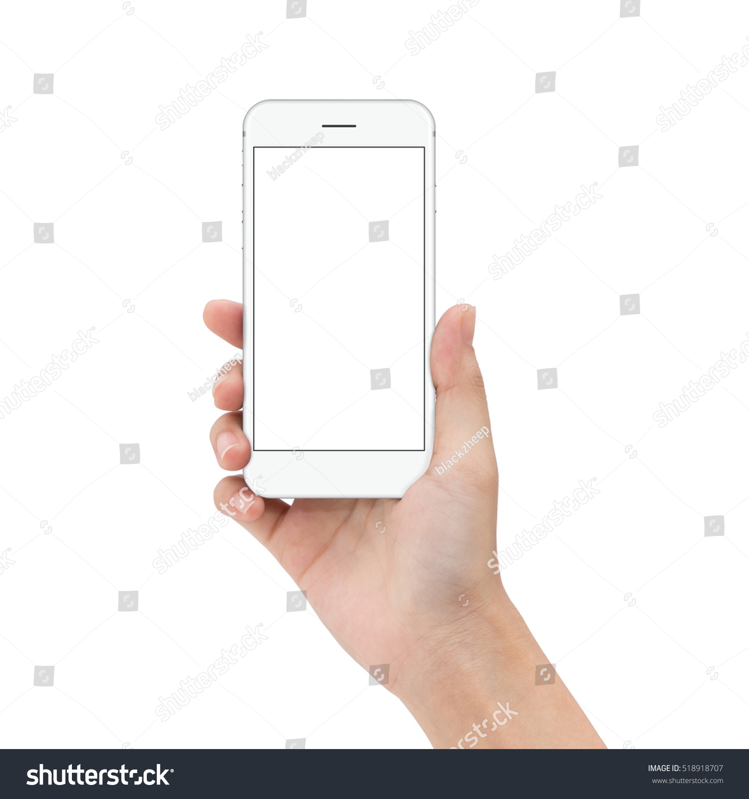 close up hand hold phone isolated on white, mock-up smartphone white color blank screen #518918707