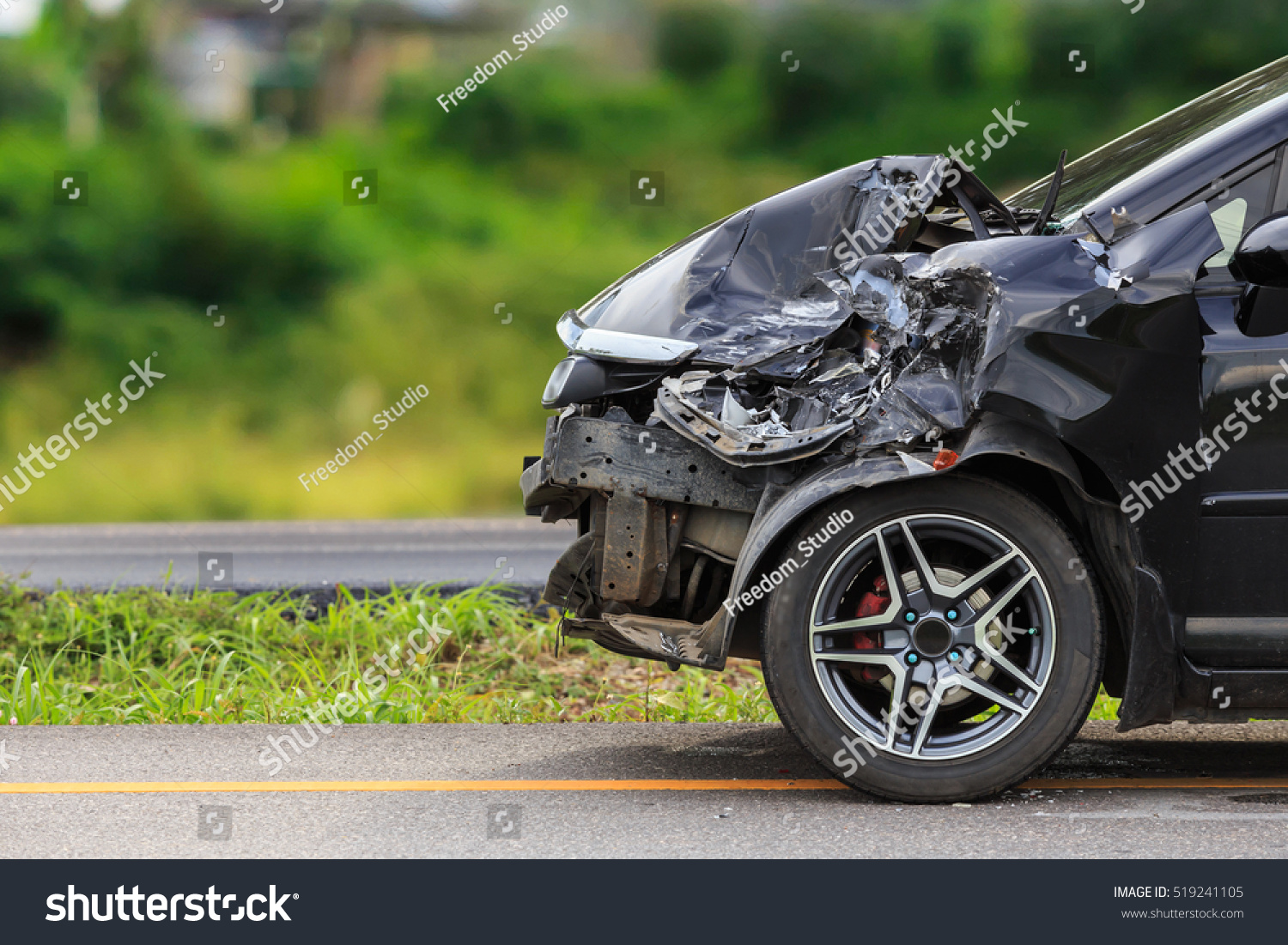 Front of black car get damaged by accident on the road #519241105