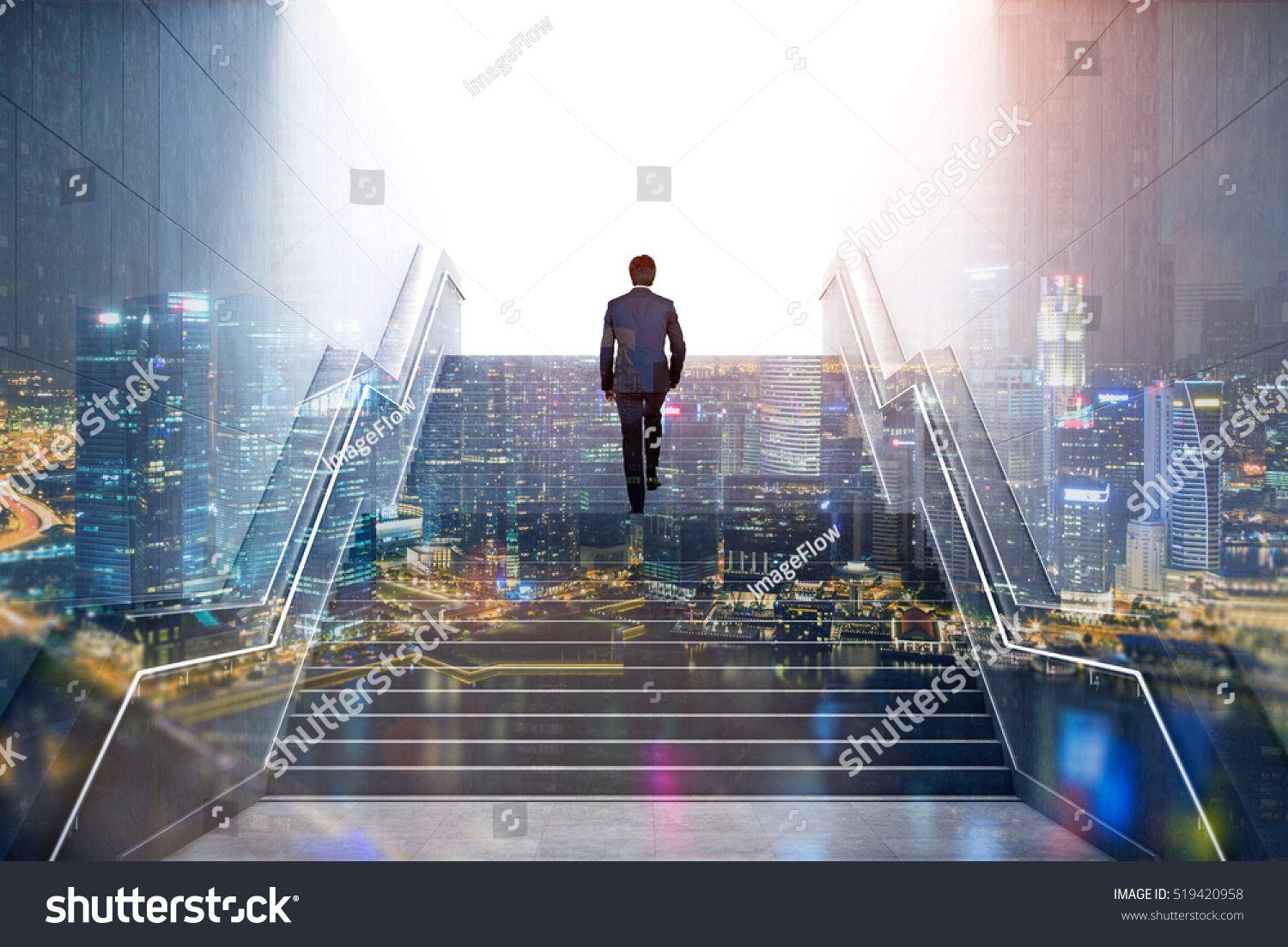 Rear view of a businessman climbing stairs to get to a large city center. Concept of success and appreciation. Double exposure #519420958
