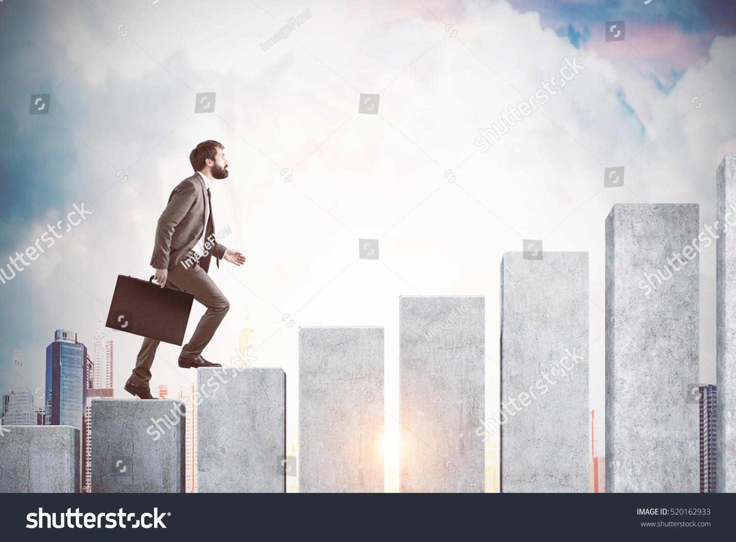 Side view of a man climbing the concrete stairs made in the shape of a graph. Cloudy sky and city are in the background. Concept of success and achieving your goal. Mock up. Toned image #520162933