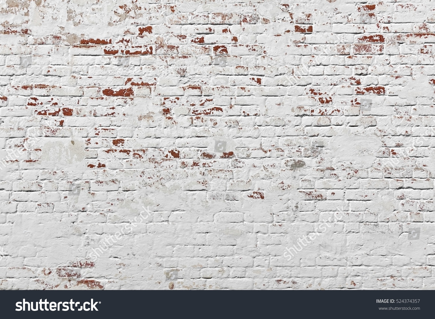 Red White Wall Background. Old Grungy Brick Wall Horizontal Texture. Brickwall Backdrop. Stonewall Wallpaper. Vintage Wall With Peeled Plaster. Retro Grunge Wall. Brick Wall With White Uneven Stucco #524374357