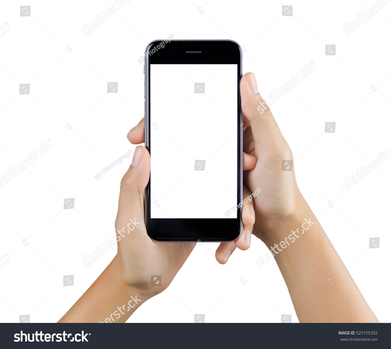 Woman hand using smart phone isolated on white background.  white screen. #525155332