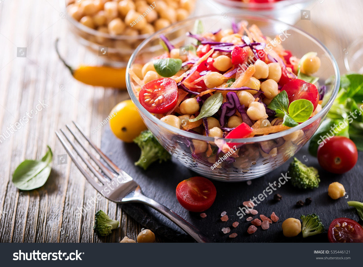 Healthy homemade chickpea and veggies salad, diet, vegetarian, vegan food, vitamin snack #535446121