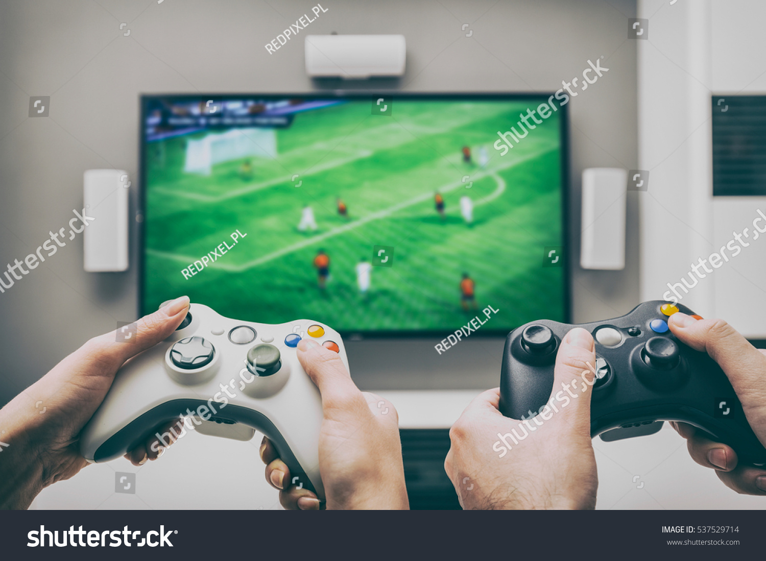 gaming game play tv fun gamer gamepad guy controller video console playing player holding hobby playful enjoyment view concept - stock image #537529714