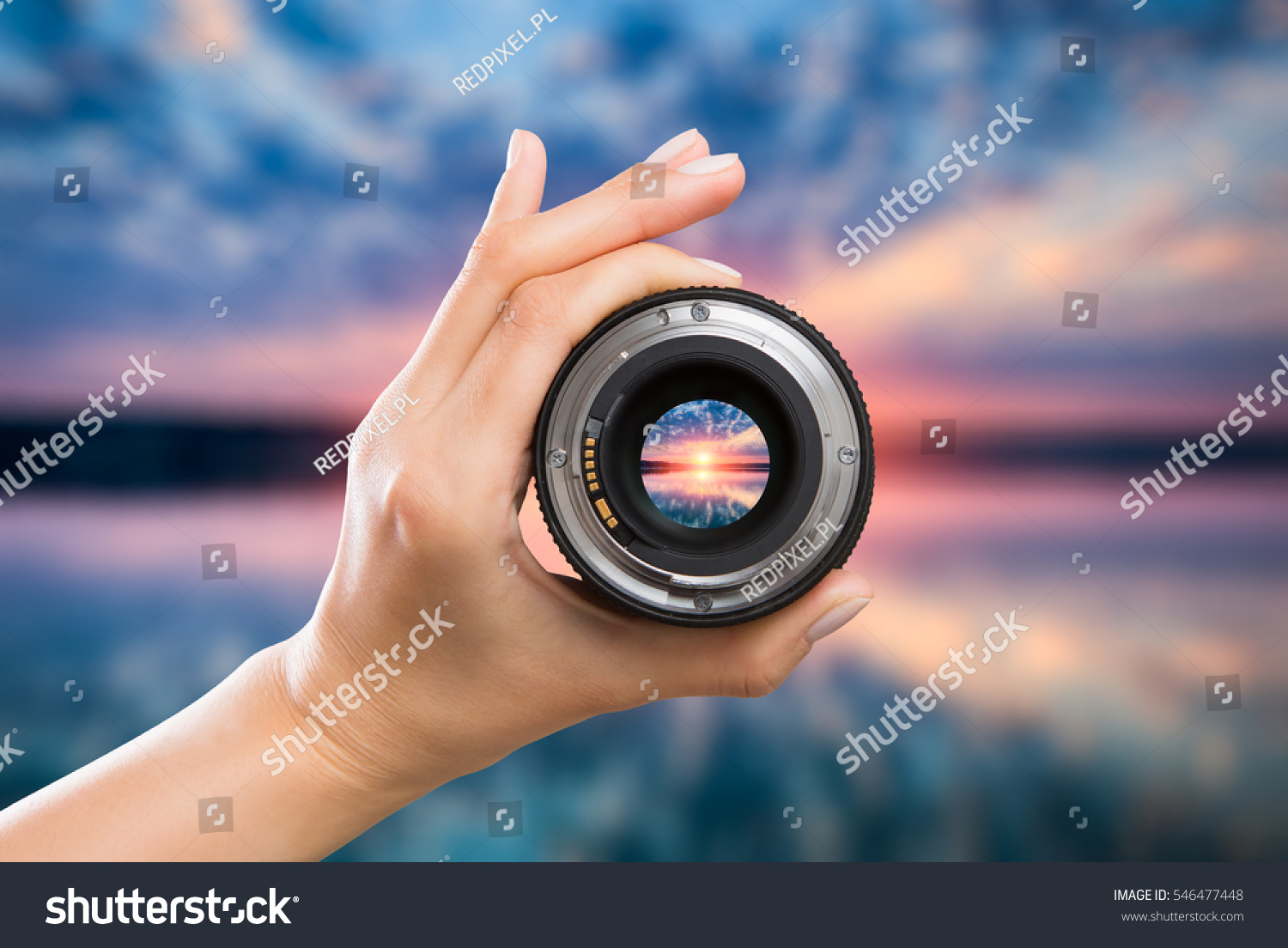 photography view camera photographer lens lense through video photo digital glass hand blurred focus people sun sunset sunrise cloud sky water lake concept - stock image #546477448