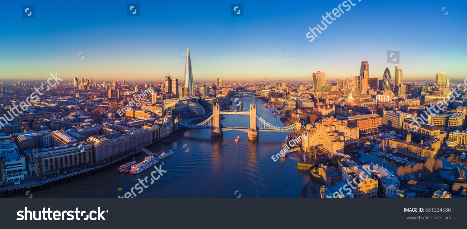 Aerial panoramic cityscape view of London and the River Thames, England, United Kingdom #551334580