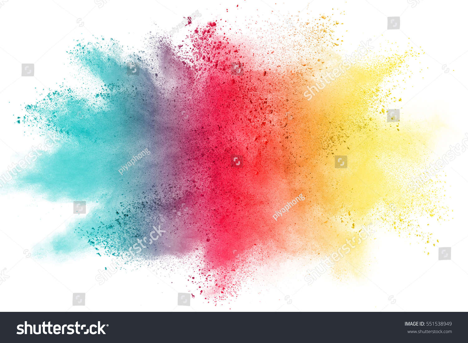 Freeze motion of color powder exploding on white background. #551538949