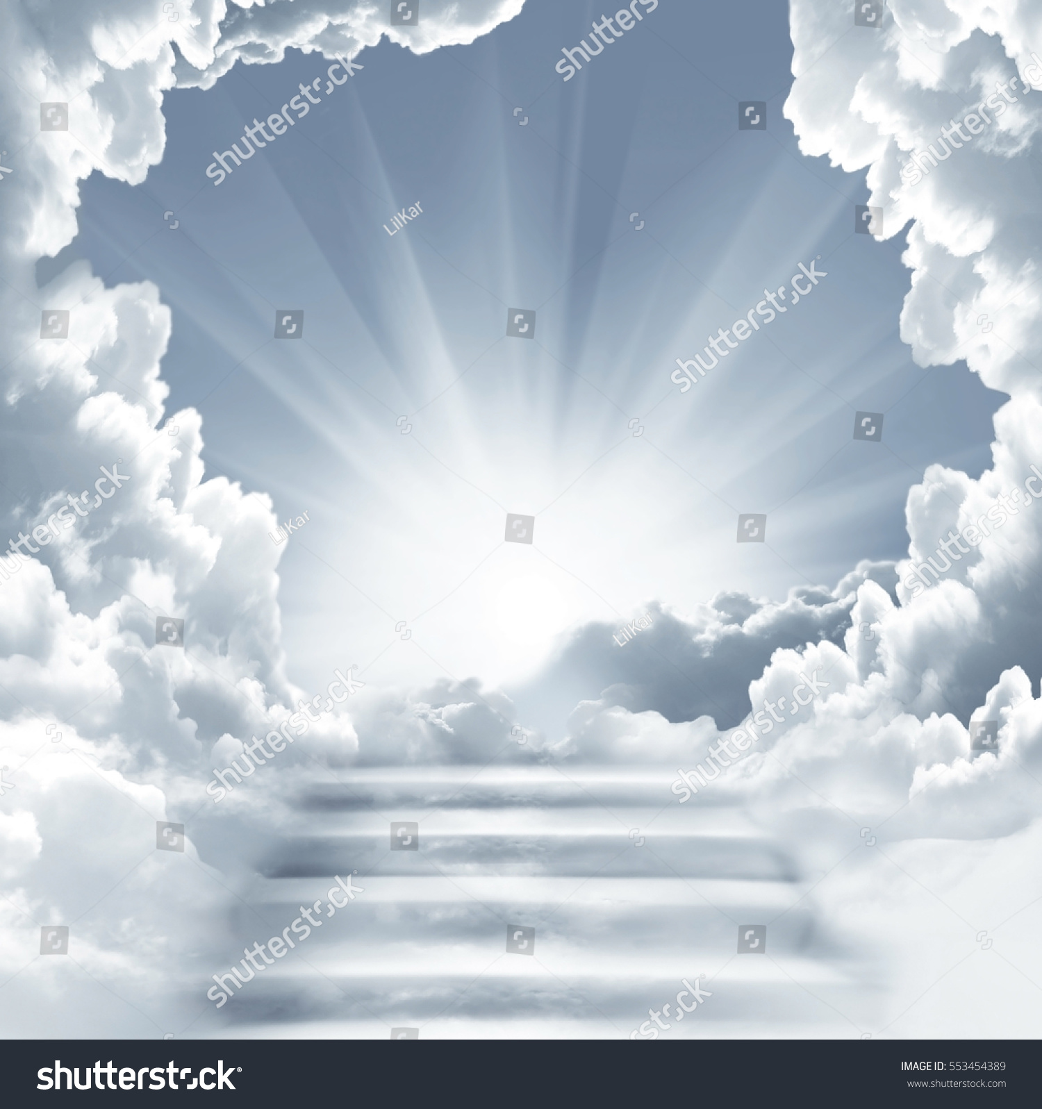Stairway to Heaven.Stairs in sky.  Concept with sun and white clouds.Concept  Religion  background. #553454389