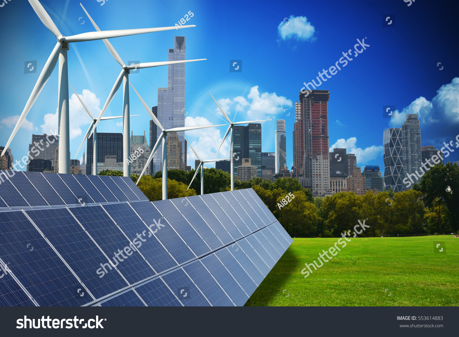 Modern green city powered only by renewable energy sources concept #553614883