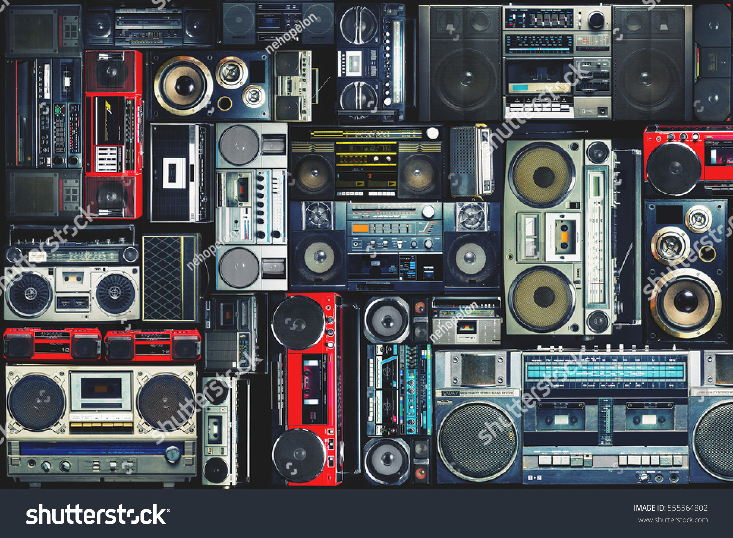Vintage wall full of radio boombox of the 80s #555564802