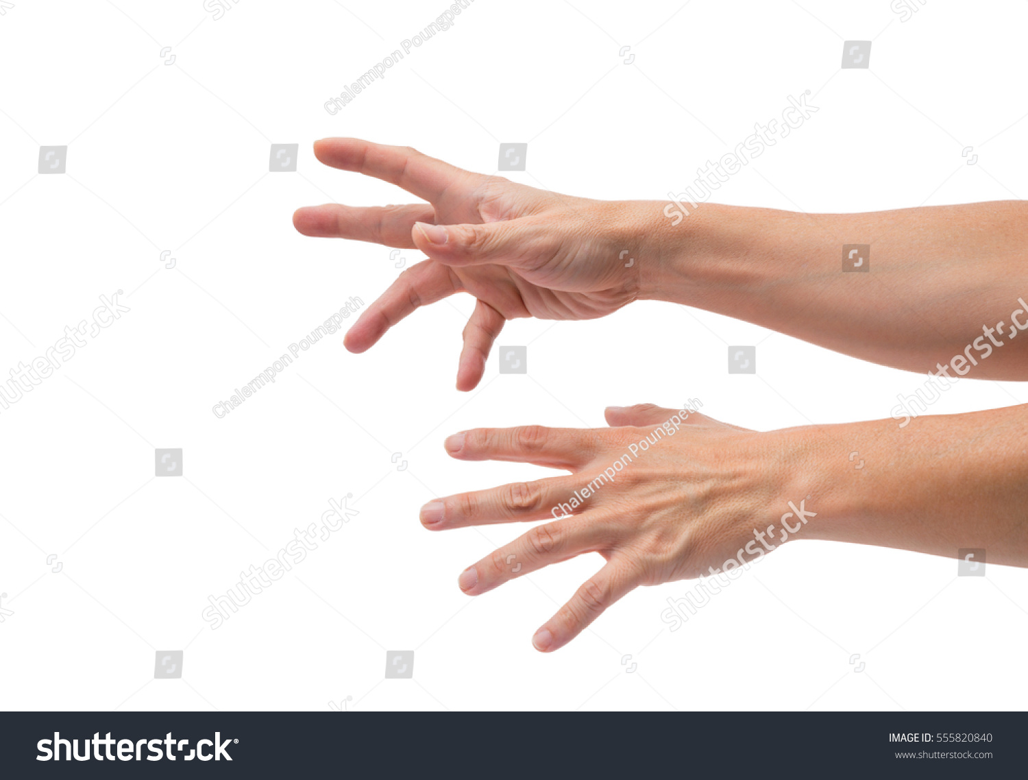 asian male hands reaching out on isolated white background #555820840