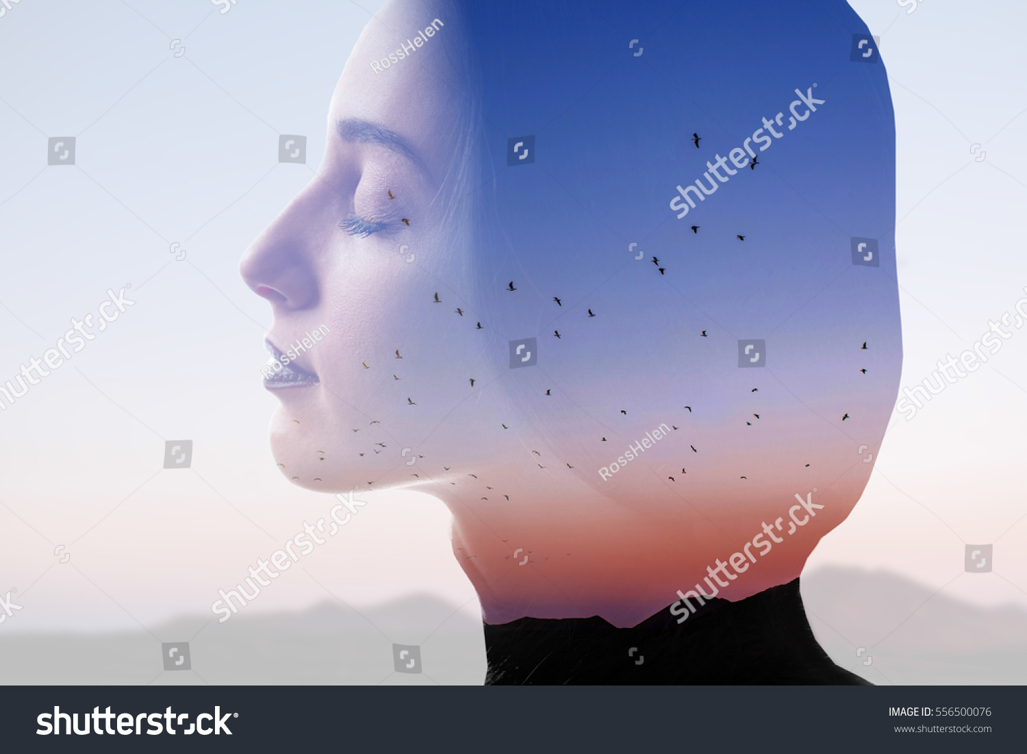 Double exposure photo with woman silhouette and sunset sky with mountains and birds. Freedom and travel concept #556500076