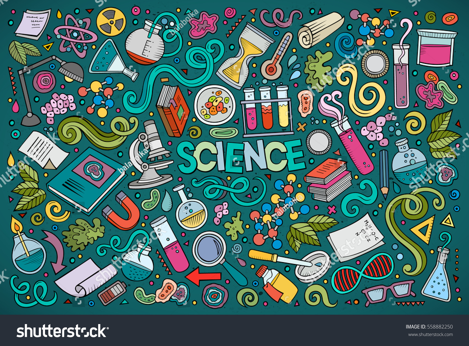 Vector hand drawn doodle cartoon set of Science theme items, objects and symbols #558882250