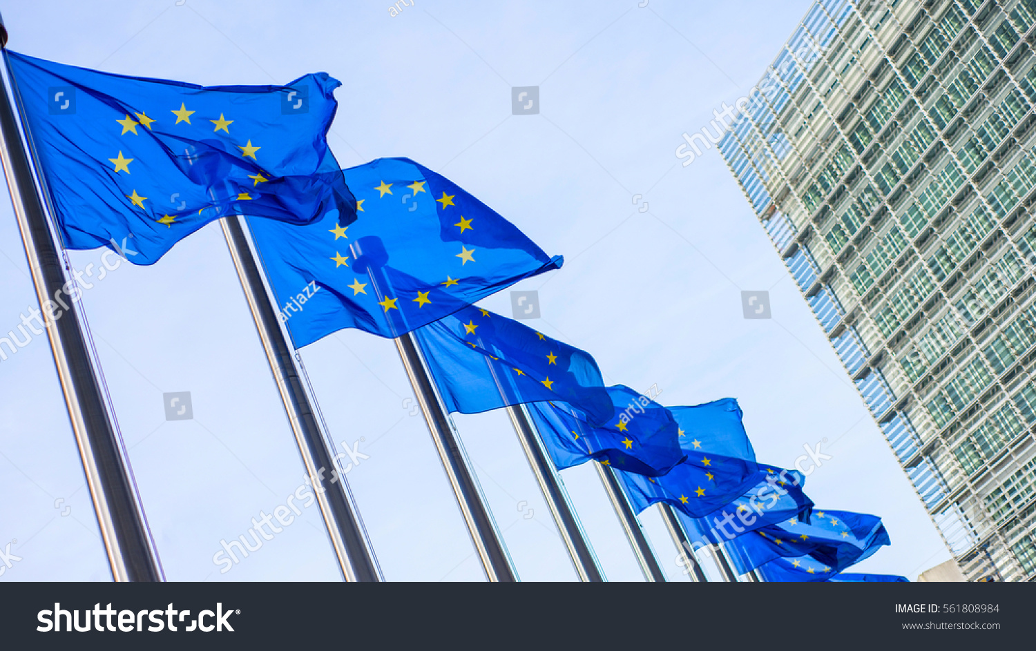 European Union flags in front of the Berlaymont building #561808984