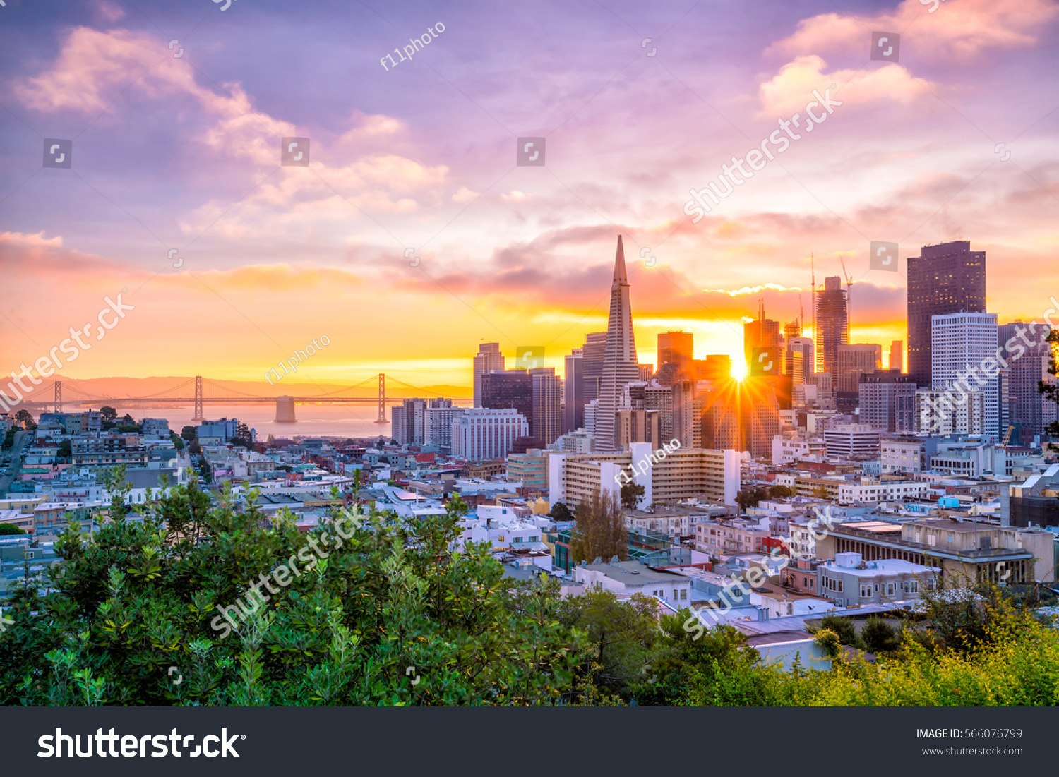 Beautiful view of business center in downtown San Francisco in USA at dusk. #566076799