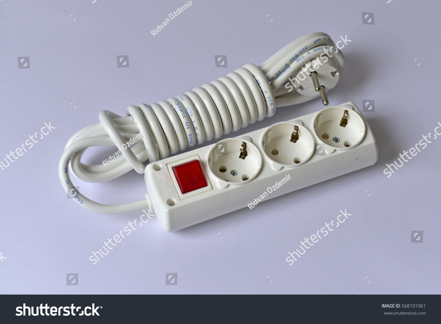 White extension cable with three plug socket and red switch #568101061